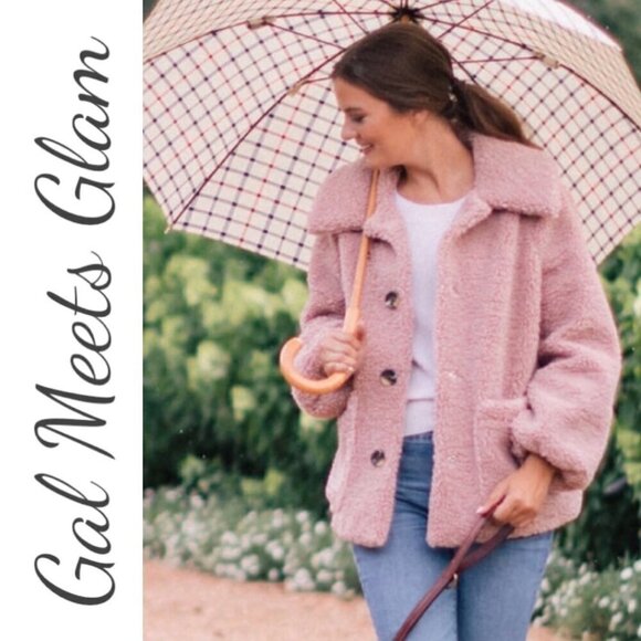 GAL MEETS GLAM Blush Pink Willa Faux Fur Teddy Jacket Fleece, Size Large - Picture 11 of 11